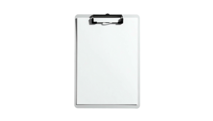 A blank white paper sheet clipped onto a metal clip board, isolated on black