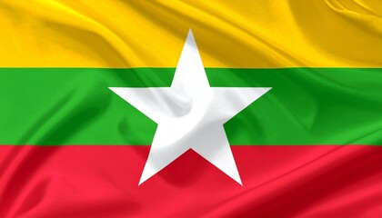 Myanmar flag with yellow, green, red stripes and central white star, symbolizing solidarity, peace, courage, and unity.