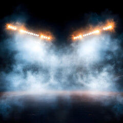 Dramatic stadium lights illuminating thick fog and smoke on a dark surface