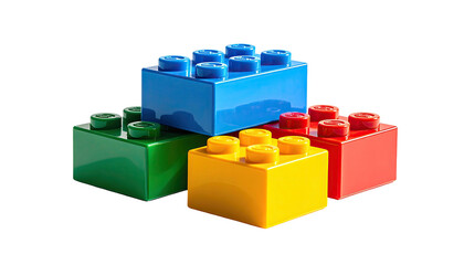 Fototapeta premium Close-up of four brightly colored, plastic construction bricks on a dark backdrop