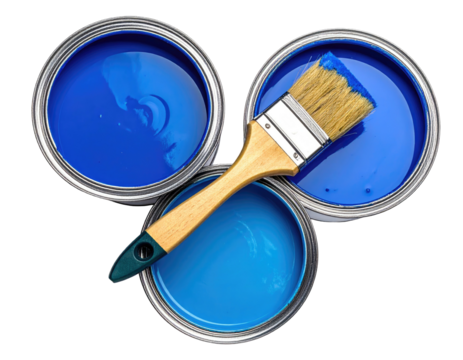 Three blue paint cans and a paintbrush