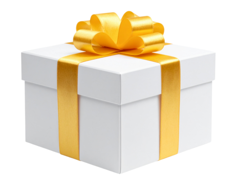 Minimalist White Glossy Gift Box with Golden Yellow Ribbon Isolated on Transparent Background