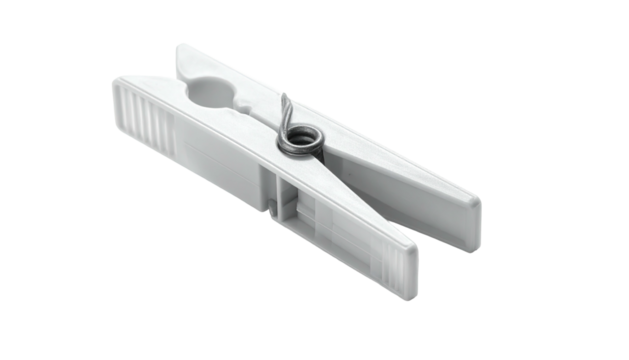 A white plastic clothespin with a metal spring, isolated on a black background