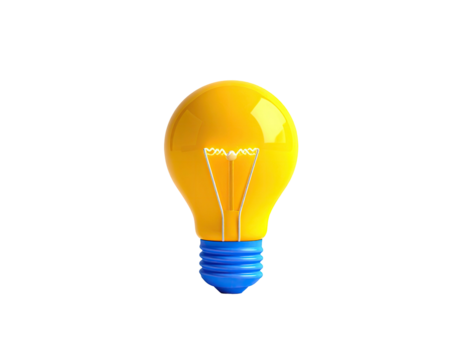 3D rendering of a yellow glowing lightbulb with a blue base, isolated on black - Powered by Adobe