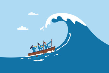 Big risk problem, danger or challenge, fear of crisis or disaster, courage or determination to overcome problem, vulnerability or hopelessness concept, business people face big wave danger problem.