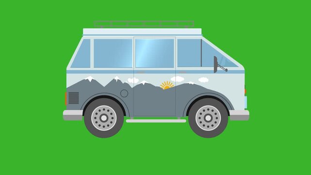 Vector-style animation of a tourist minibus moving on a chromakey background. 4K