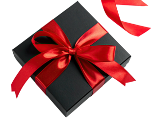 A black gift box with a vibrant red ribbon and bow