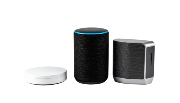 Smart voice assistant device variations isolated on transparent background