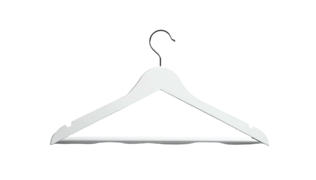 White wooden clothing hanger on a stark black backdrop, simple design