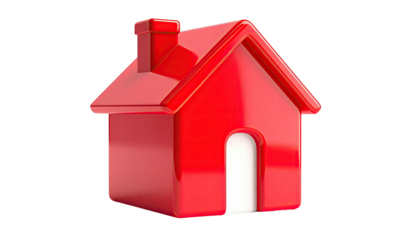 Shiny red house with a white doorway and chimney, against a black background