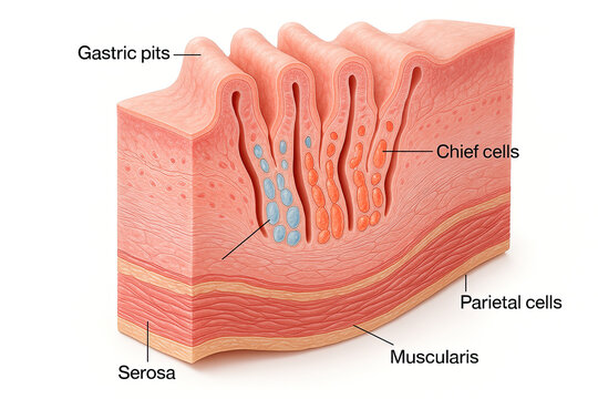 Anatomical illustration of gastric pits and secretory cells within the stomach lining, highlighting chief and parietal cells and serosa.