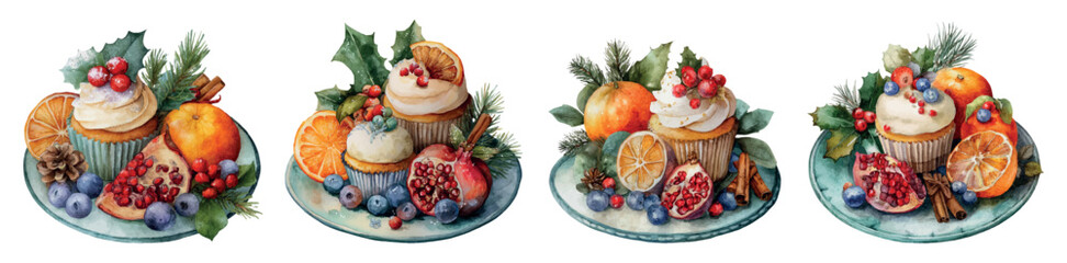 Set of plates with Christmas desserts and fruits. Christmas cupcake with pomegranate and tangerine fruit decorated with a Christmas tree branch. Vintage Christmas illustrations.