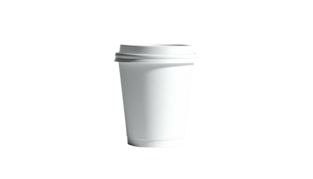A plain white to-go beverage container with a lid, isolated on a black background