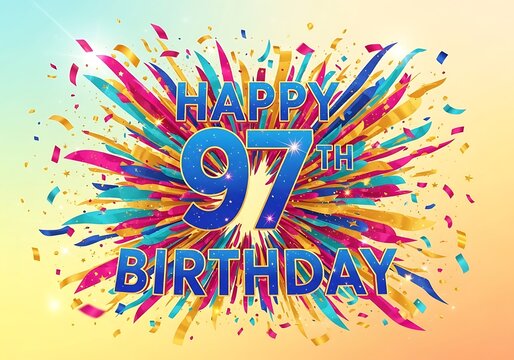 Explosive "Happy 97th Birthday" greeting with a dynamic burst of multi-colored confetti and streamers, emanating from the center on a vibrant gradient background.