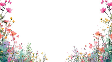 Watercolor pink wildflowers on isolated background. Field and meadow pink flowers with green grass on isolated background. Romantic summer wildflowers.