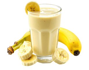 Creamy banana smoothie in a glass, with sliced bananas (1)
