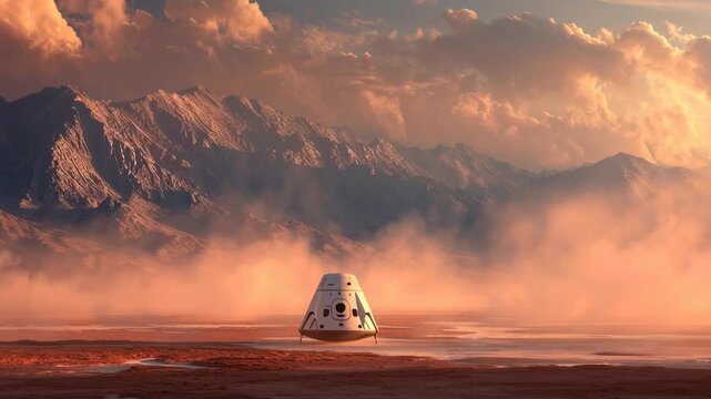 Space capsule landing on red Martian surface, dust clouds, distant mountains, sunrise lighting creating dramatic shadows.