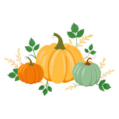 Colorful Autumn Pumpkins and Leaves Arrangement Vector Illustration