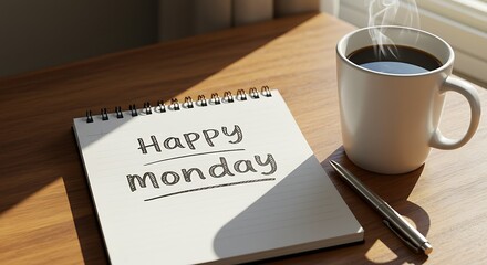 Workspace with notepad coffee mug and pen illuminated by sunlight