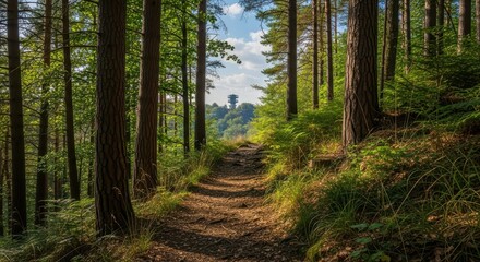 Obraz premium Sunlit forest path leading to a distant tower, nature's serene embrace