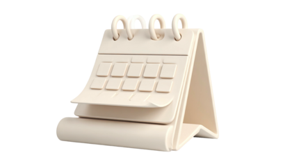 3D rendered pastel-colored desk calendar with spiral binding and flipped page