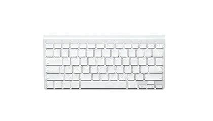 A top-down, isolated view of a white rectangular wireless computer keyboard