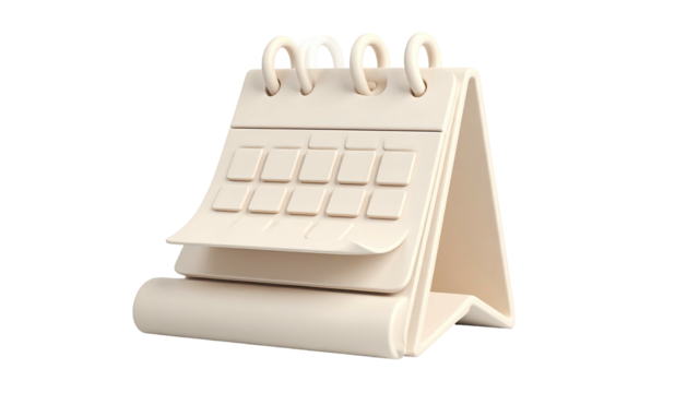 3D rendered pastel-colored desk calendar with spiral binding and flipped page