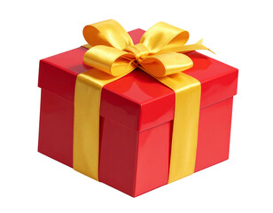 Obraz premium Shiny Red Gift Box with Yellow Satin Ribbon Isolated on Transparent Background