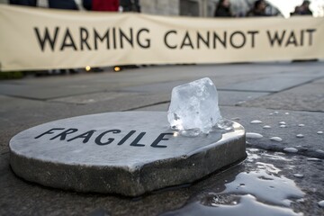 Ice shard melting on stone demonstrating climate change impact