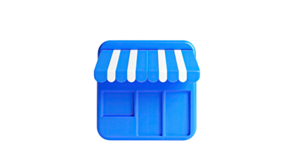 3D rendering of a blue shop building icon with awning on a stark black background