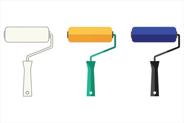 Illustration of three colorful paint rollers, each paint roller is a different color, including white, yellow, and blue, vector