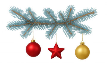 Christmas fir branch decorating with red bauble, star, gold ornament, hanging festive winter holidays decoration