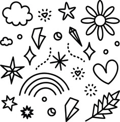 Line cute element set. Hand drawn scribble heart. flower.Cute Doodle Sketch Element Set..eps