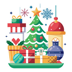 Vector illustration of a charming christmas scene featuring a decorated tree, wrapped gifts, and festive ornaments