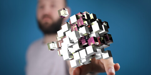 Abstract image of a man holding a cluster of cubes, symbolizing data, technology, or connection.