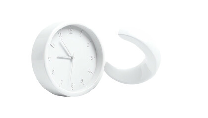 A floating white circular clock with an attached curved handle against a black backdrop