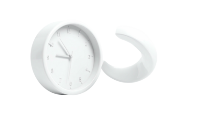 A floating white circular clock with an attached curved handle against a black backdrop