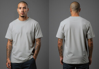 Tattooed Skinhead Male Model in Ash Tee Mockup Front and Back View