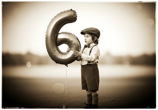 Sepia toned portrait of a young boy in vintage attire looking at a large number 6 foil balloon, celebrating his sixth birthday with wonder.