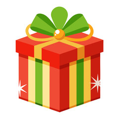 Vector illustration of a festive red gift box with green and yellow stripes, adorned with a green bow and isolated on a