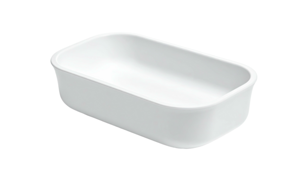 A smooth, white rectangular basin with rounded corners, on a black background
