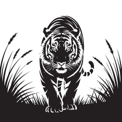Proud Sumatran Tiger Black and White Silhouette Vector