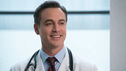Fototapeta premium Smiling male doctor in a white coat with a stethoscope, standing in a bright medical office, radiating professionalism and compassion in a healthcare environment