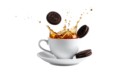a surreal shot of tea cup liquid upwards splash into floating chocolate biscuits, isolated on transparent background.