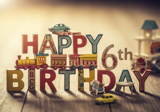 Creative display of colorful wooden "Happy 6th Birthday" letters surrounded by classic children's toys like cars and trains, on a rustic wooden surface.