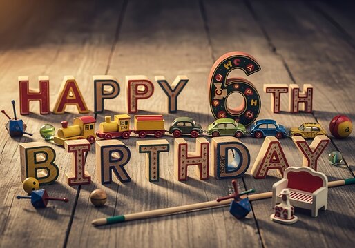 Artistic arrangement of wooden "Happy 6th Birthday" letters and various children's toys, including a train set and cars, creating a nostalgic scene.