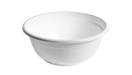 A white, round, empty bowl with a wide rim, viewed from a medium angle