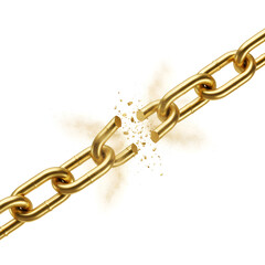 ultra realistic close up of golden chain breaking mid air isolated on white