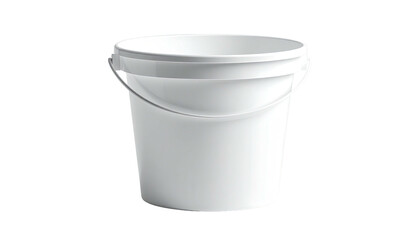 A clean, white bucket with a handle, isolated against a stark black background