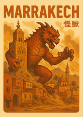 Marrakech Jinn Kaiju Travel Poster, Vintage Retro Style Illustration with Giant Moroccan Fire Spirit Monster and Desert City Buildings